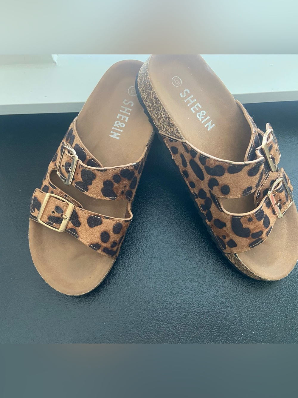 SHEIN Leopard Print Double-Buckle Cork Slide Sandals - Brown/Black